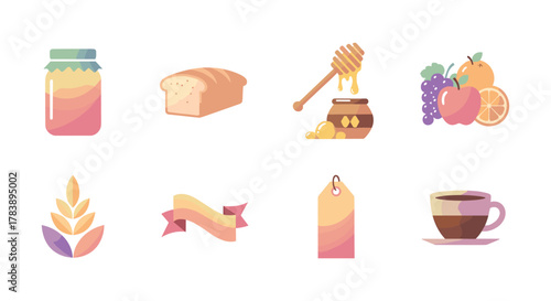 Flat style icons of food and kitchen elements with gradient colors