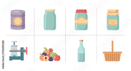 Colorful icons of preserved foods and related items in flat style