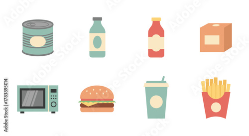 Flat style icons of food and packaging including fast food and beverage items