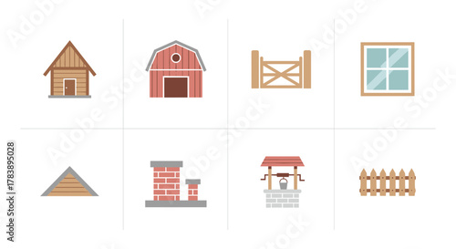 Rustic farm elements collection featuring wooden barns, fences, and windows in flat design