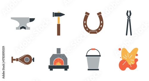 Blacksmithing tools icons set: anvil, hammer, forge, horseshoe, and more in flat style