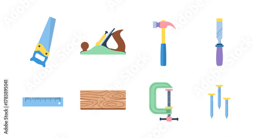Colorful toolkit: essential carpentry and woodworking tools in flat design