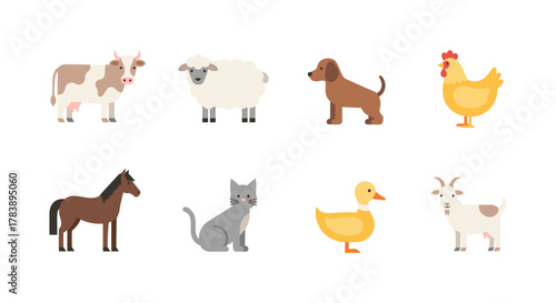 Colorful flat farm animals collection: cow, sheep, dog, chicken, horse, cat, duck, goat