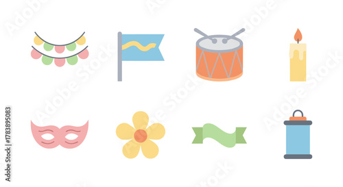 Festive carnival icons set with mask drum and decorations in flat design