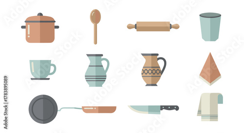 Kitchenware set with pot, cutlery, and utensils in modern flat design