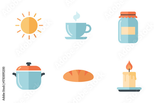 Flat style kitchen and home essentials with sun light