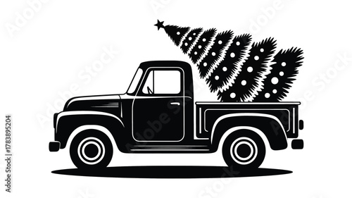 Vintage black pickup truck silhouette carrying a decorated christmas tree in the back festive holiday transportation scene silhouette