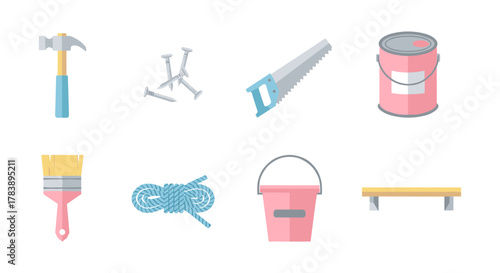 Flat icons of diy tools and equipment for home improvement projects