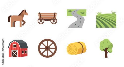 Farming icons collection: cart, horse, barn, and fields in flat design