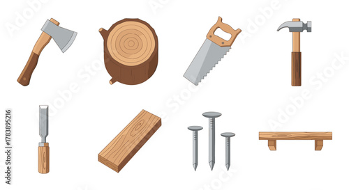 Essential carpentry tools and materials in simple design for woodworking projects