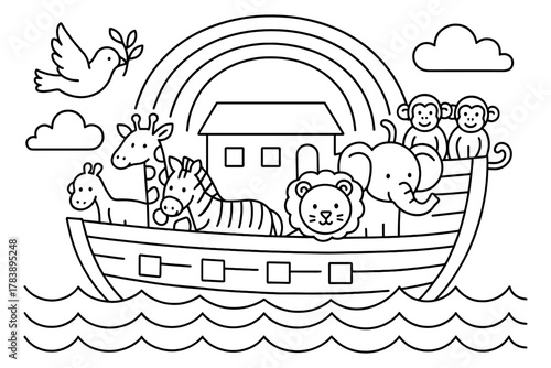 Noah's ark with animals in a linear design with rainbow and clouds