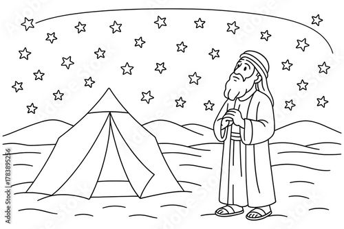 Desert night sky with stars: minimalist line art of a traveler and tent