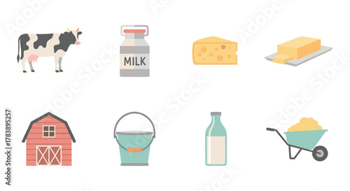 Farm dairy icons set featuring cow, milk, cheese, butter, barn, and equipment in flat design