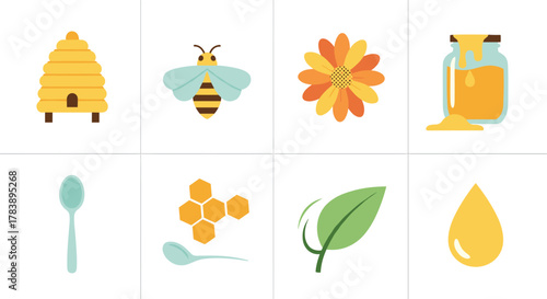 Flat design bee icons with hive, honey, and flowers perfect for nature themes