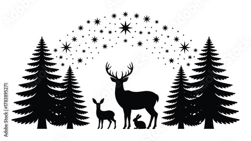 Majestic deer and fawn stand in a snowy forest under a starry sky framed by evergreen trees a charming winter woodland silhouette