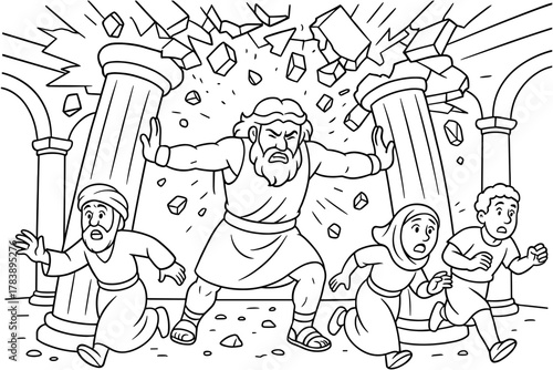 Biblical scene with samson bringing down pillars in dramatic outline art