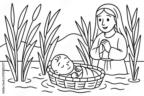 Biblical scene: moses in the basket with woman praying in linear art style