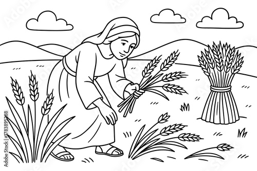 Woman gathering wheat in field with hills and clouds in background - black and white line art