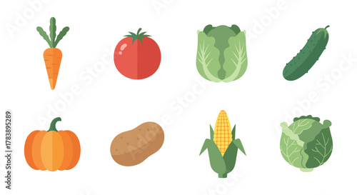 Fresh vegetable icons set featuring carrot, tomato, cabbage, cucumber, and more