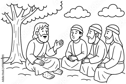 Biblical teaching scene in outline style featuring jesus and disciples under tree