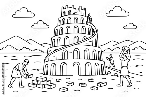 Linear depiction of the tower of babel with builders in ancient landscape