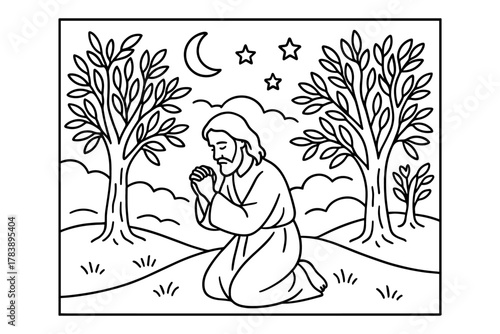 Line art scene of a person praying outdoors under moon and stars