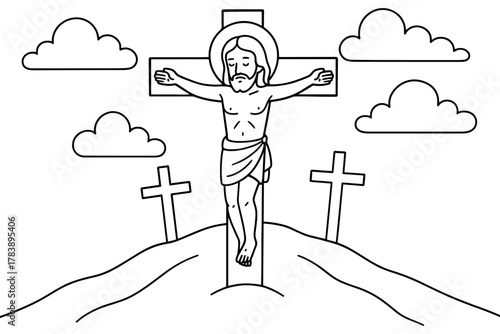 Line art crucifixion scene with jesus and crosses on a hilltop