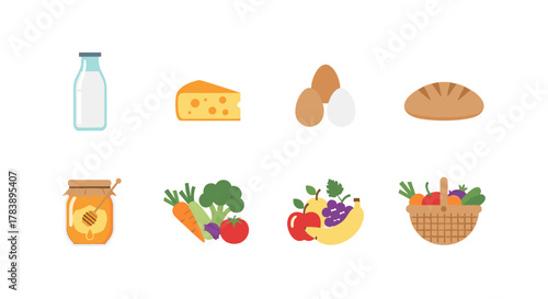 Flat icons set of dairy, eggs, bread, honey, vegetables, fruits, and basket