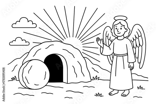 Happy angel by empty tomb with radiant sunburst in linear style