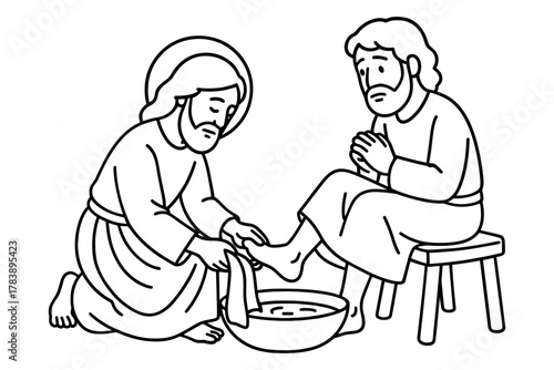Simple line art of foot washing ceremony with jesus and apostle