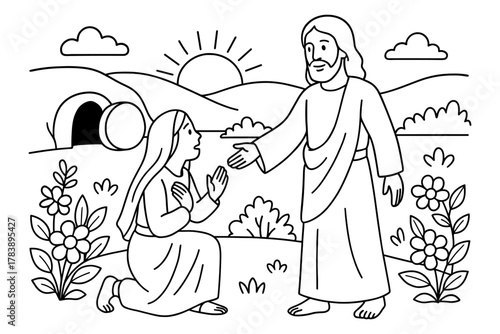 Biblical scene: resurrection encounter with jesus and mary magdalene in linear art style