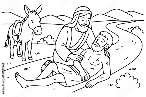 Biblical scene of the good samaritan in linear art style
