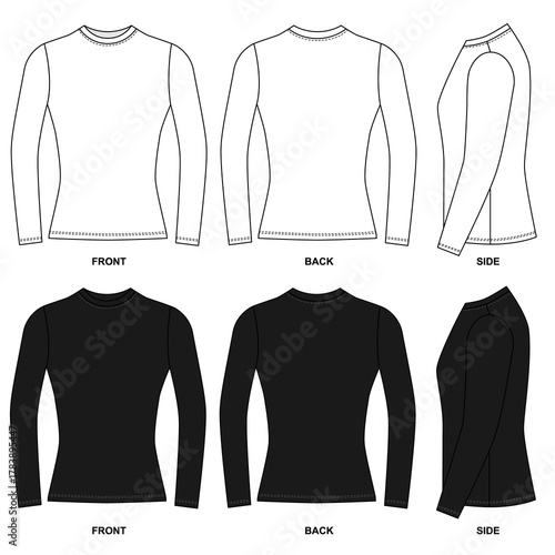 Obraz na plátně A set of simple basic long-sleeved shirts, front, back, and side views