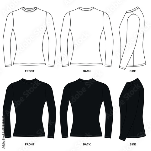 Vector illustration basic fitted long sleeve template. A set of simple basic long-sleeved shirts, front, back, and side views. Long-sleeved sketch jersey in white and black.
