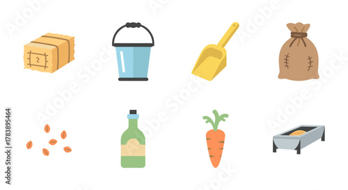 Farm and garden tools and produce icons for agriculture and outdoor activities
