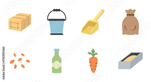 Farm supplies and produce: hay bale, tools, and fresh vegetables