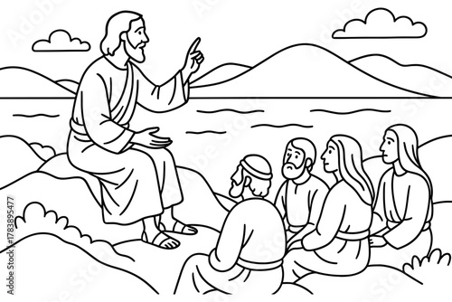 Biblical scene with jesus teaching disciples by the sea in line art style