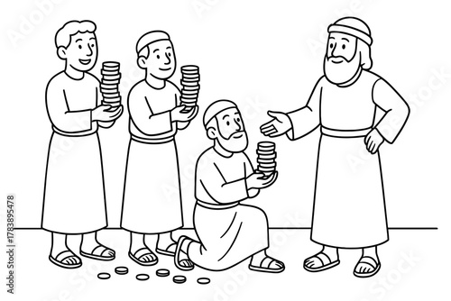 Wise sage distributes coins to figures in simple line art