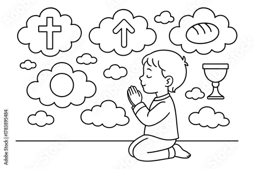 Child praying with christian symbols in black and white line art