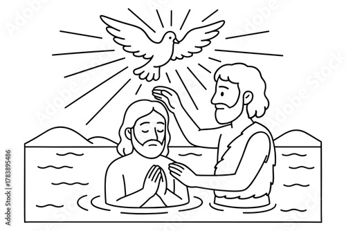 Baptism line art: spiritual ceremony with john the baptist and jesus