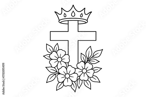 Minimalist cross with floral elements and crown outline design