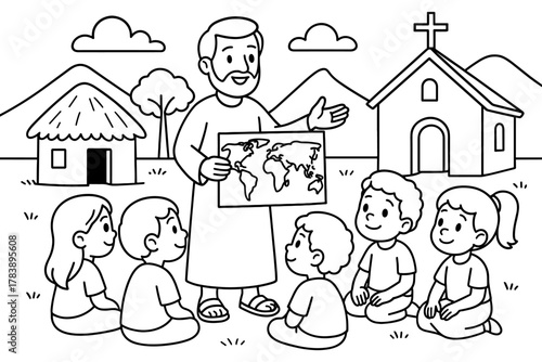 Teacher explains world map to children in rural village sketch