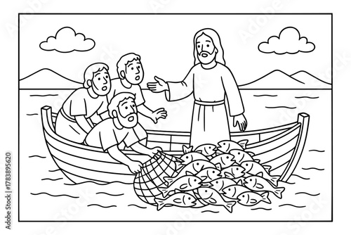 Biblical scene with jesus and disciples catching fish in a boat