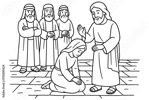Biblical scene with jesus and woman in black and white line art