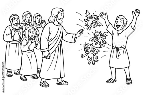 Biblical scene depicting jesus performing exorcism with bystanders watching in line art style