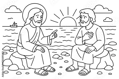 Biblical scene in outline: jesus teaching by the sea at sunrise