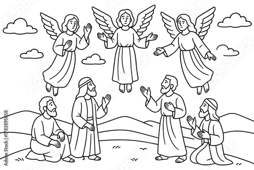 Biblical scene with angels and men in traditional robes, black and white line art