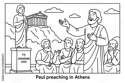 Ancient athens sermon scene featuring paul and the altar to the unknown god