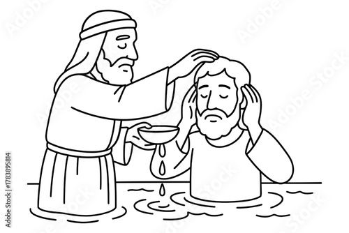 Religious ceremony outline: baptism scene in simple black and white style