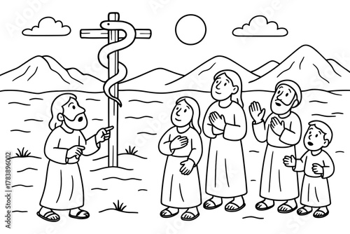 Biblical scene with moses and people in desert line art